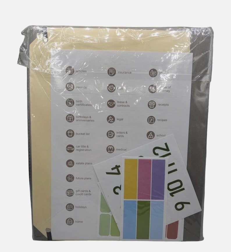 May include: A grey document organiser folder encased in clear plastic, containing a white sheet with various category labels like insurance, medical, and receipts, alongside a set of numbered and coloured adhesive tab stickers.