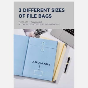 May include: A set of 12 light blue file bags in 3 different sizes with string and button closures. The bags feature a designated labelling area. Text on the image reads: 3 DIFFERENT SIZES OF FILE BAGS, THERE ARE 12 BAGS IN ONE, LABELING AREA.