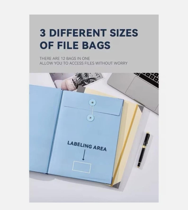 May include: A set of 12 light blue file bags in 3 different sizes with string and button closures. The bags feature a designated labelling area. Text on the image reads: 3 DIFFERENT SIZES OF FILE BAGS, THERE ARE 12 BAGS IN ONE, LABELING AREA.