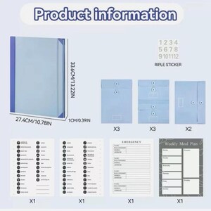 May include: A light blue document organiser folder measuring 33.6cm by 27.4cm by 1cm, including three small envelopes, two larger envelopes, numbered stickers, two sheets of category labels, an emergency contact form, and a weekly meal plan.