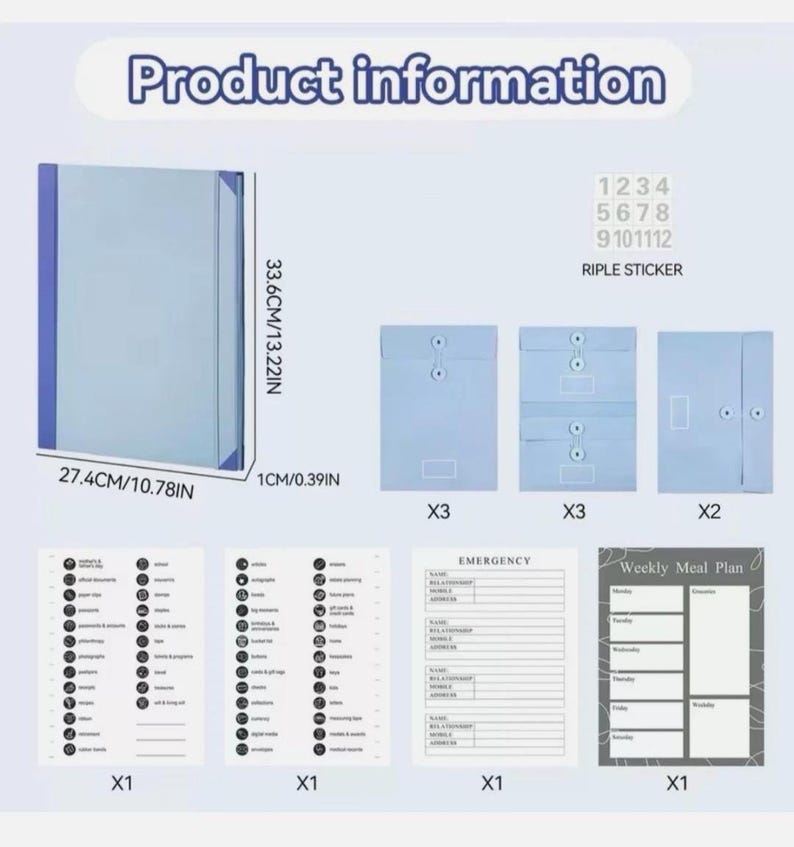 May include: A light blue document organiser folder measuring 33.6cm by 27.4cm by 1cm, including three small envelopes, two larger envelopes, numbered stickers, two sheets of category labels, an emergency contact form, and a weekly meal plan.