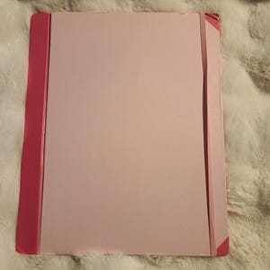 May include: A rectangular light pink folder featuring a darker pink spine and a matching elastic band closure that runs vertically across the front cover to keep the contents securely held inside the document holder.