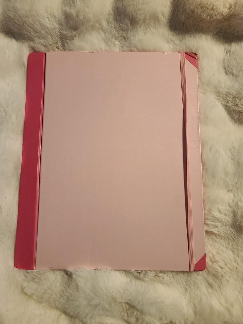 May include: A rectangular light pink folder featuring a darker pink spine and a matching elastic band closure that runs vertically across the front cover to keep the contents securely held inside the document holder.