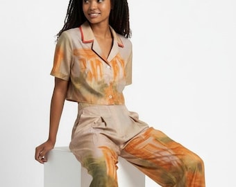Half Heart Wide-Leg Pants & Crop Top Set in Beige with Orange Print