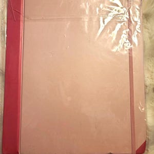 May include: A rectangular notebook with a light pink cover and a darker pink spine. The notebook features a matching pink elastic band closure that runs vertically along the right side. The entire item is encased in a clear plastic protective sleeve.