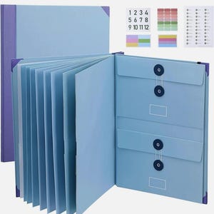 May include: A light blue expanding file folder with multiple interior dividers, two front pockets secured by dark blue string-and-button closures, and a set of adhesive labels featuring numbers 1 through 12 and various coloured tabs.