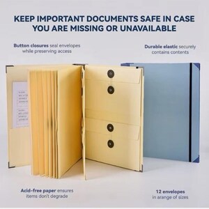 May include: A document organiser featuring a light blue exterior with a black elastic band and an interior containing multiple cream-coloured envelopes with black button closures. Text reads: KEEP IMPORTANT DOCUMENTS SAFE IN CASE YOU ARE MISSING OR UNAVAILABLE.