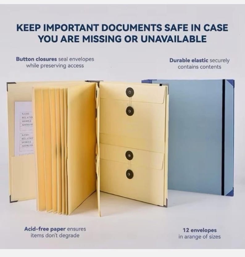 May include: A document organiser featuring a light blue exterior with a black elastic band and an interior containing multiple cream-coloured envelopes with black button closures. Text reads: KEEP IMPORTANT DOCUMENTS SAFE IN CASE YOU ARE MISSING OR UNAVAILABLE.