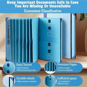 May include: A light blue expanding file folder with multiple interior pockets, featuring string-and-button closures on the front flaps. The text reads: Keep Important Documents Safe In Case You Are Missing Or Unavailable Convenient Classification.