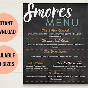 Puede incluir: Un menú imprimible de estilo pizarra para una barra de s'mores con diferentes combinaciones de sabores. El menú incluye The Salted Caramel, Mexican Hot Cocoa, The Grasshopper, The Classic, The Nutty Buddy y The Somoa.