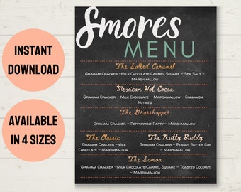 Może przedstawiać: Drukowane menu w stylu tablicy kredowej dla baru z s'mores z różnymi kombinacjami smaków. Menu zawiera The Salted Caramel, Mexican Hot Cocoa, The Grasshopper, The Classic, The Nutty Buddy i The Somoa.
