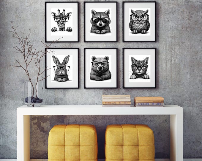 Featured listing image: 12 Funny Animal Wall Art Prints – Black & White Digital Download | Glasses Animals Printable | Dalmatian, Cat, Giraffe, Owl, Sloth + More