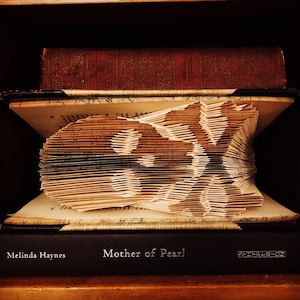 Peut inclure: Un livre plié en forme de poisson, avec le titre "Mother of Pearl" visible sur le dos. Le livre est posé sur une étagère avec d'autres livres.