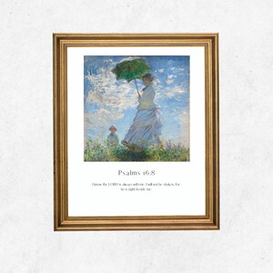 May include: A framed print with a gold-coloured frame, displaying an Impressionist painting of a woman with a green parasol and a child. The text "Psalms 16:8" and a Bible verse are printed below the image.