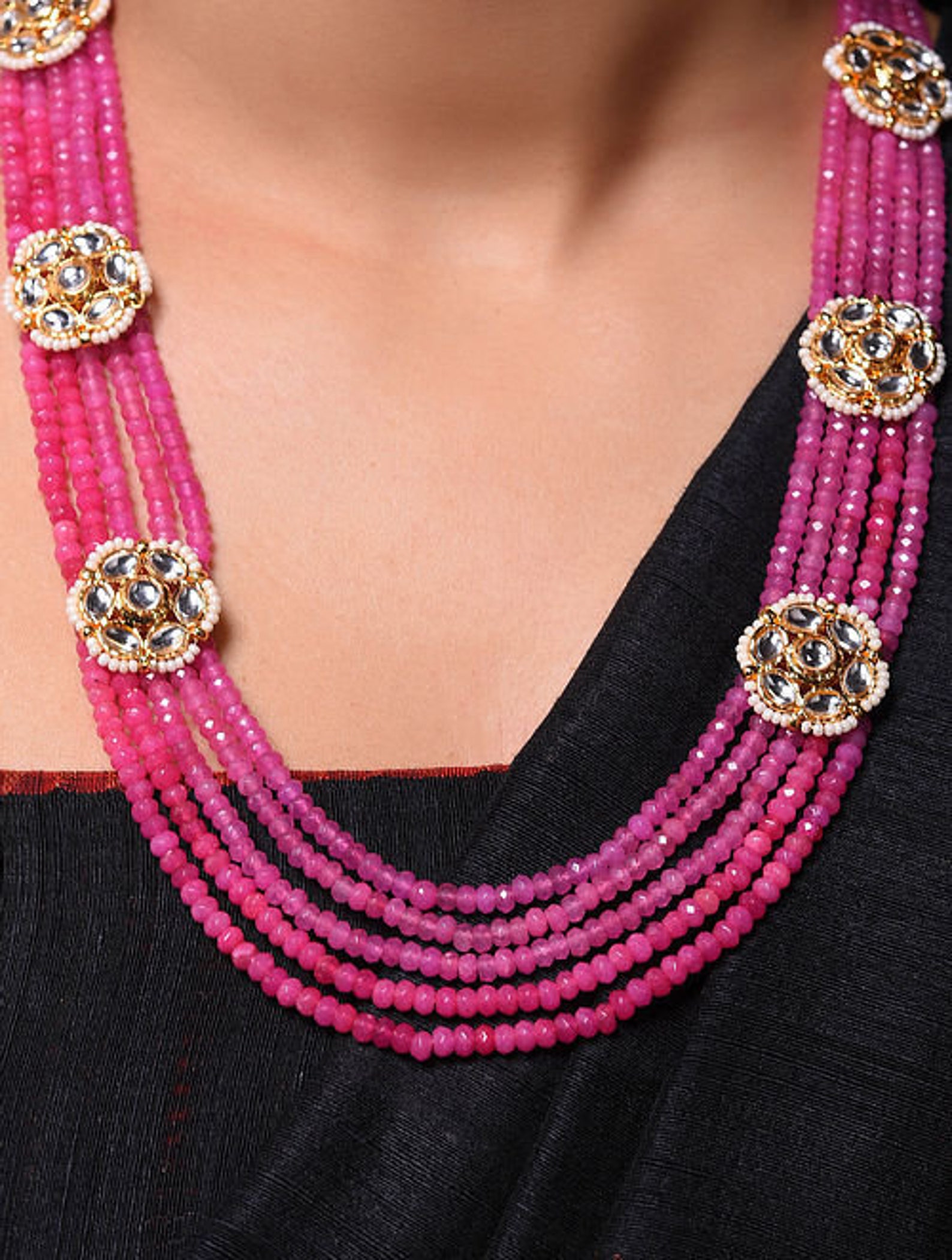 Pink Gold Tone Kundan Beaded Necklace with Earring/ Indian Etsy