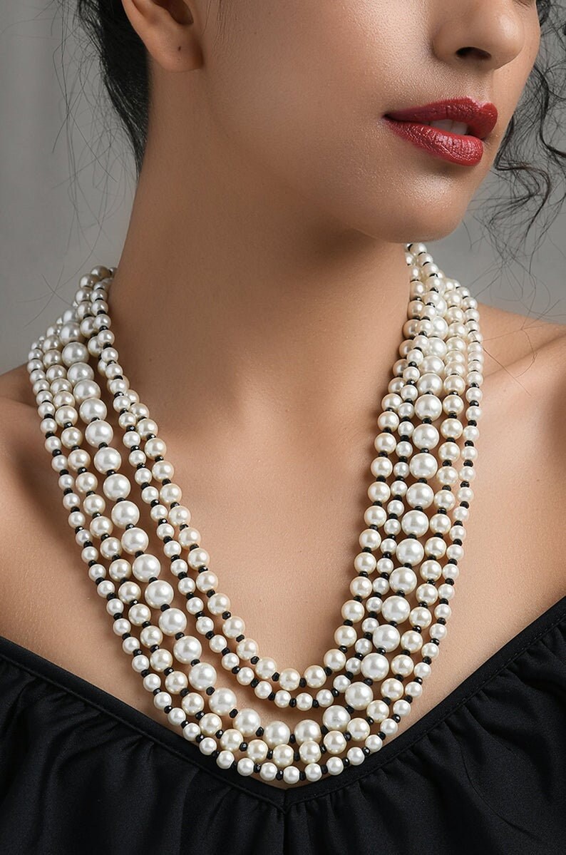 24 Inches Black-White Pearl Beaded Multistrand NecklacePearl NecklaceIndian JewelleryEthnic JewelleryHandmade item Necklace length