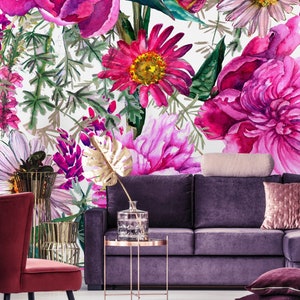 Bright Pink Floral Mural Removable Peel and Stick Wallpaper - Etsy