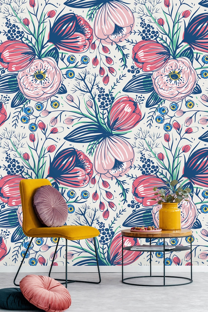 Vintage Poppy Flowers Removable Peel and Stick Wallpaper Mural Etsy