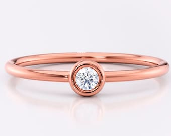 Rose Gold Diamond Stacking Ring | Bezel Set Diamond Ring | Dainty Engagement Ring | Minimalist Promise Ring