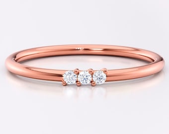 Dainty 3 diamond stacking ring - 14k Rose gold thin wedding ring for women -  Minimalist engagement rings