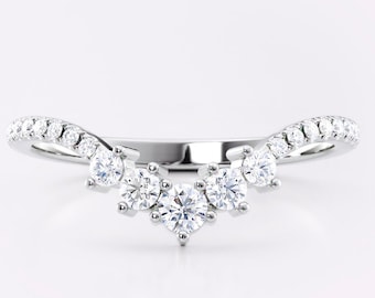 Diamanten chevronring witgouden gebogen trouwring - sierlijke minimalistische delicate v-vorm ring voor vrouwen - jubileumcadeau voor vrouw