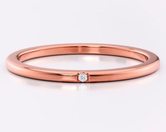 18k Rose gold diamond stackable ring, Simple wedding ring, Delicate engagement ring, Everyday ring - Cute ring for her - Gift for girlfriend