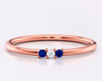 Dainty Blue Sapphire Ring Rose Gold | Anniversary Gift | Promise Ring | Three Diamonds Ring | Blue Gemstone Ring | Gold Engagement Ring |