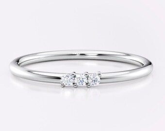 Dainty stacking three stone diamond ring for women - Thin wedding bands white gold - Minimalist engagement rings 14k / 18k gold