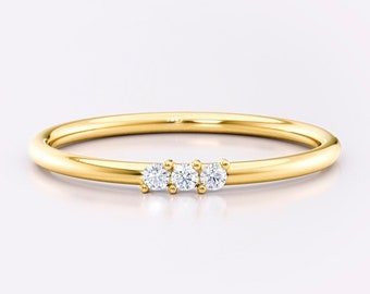 14k Gold Stapeln 3-Stein Diamant Ring, Zierlicher Ehering für Frauen - Minimalistische Schmuck Ringe