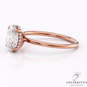 Oval Moissanite Engagement Ring Rose Gold – Hidden Halo Solitaire Ring – 14K Rose Gold Oval Cut Ring – Unique Moissanite Proposal Ring