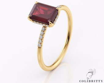 Yellow Gold Ruby Engagement Ring, Emerald cut ruby ring 1.4 Ct, 8x6 Ruby promise ring, Diamond pave and halo ruby ring, Art Deco style ring