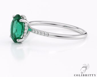 Anillo de compromiso de esmeralda ovalada en oro blanco de 18 k con halo oculto y pavé de diamantes naturales, anillo de piedra preciosa verde, regalo de aniversario de bodas de 14 k