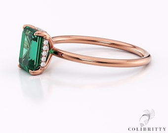 Emerald Cut Green Gemstone Ring – 14k Rose Gold Engagement Ring – 8x6mm / 1.4ct Approx – Hidden Halo – Dainty Handmade Jewelry