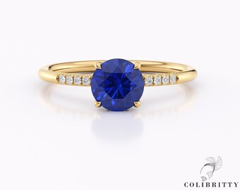 14k Gold round sapphire halo ring - Blue engagement ring - Lab sapphire ring - Real Diamond Hidden Halo - Trendy ring for women