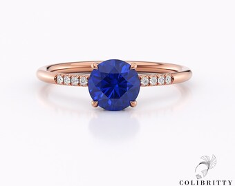 Round sapphire and diamond ring 14k / 18k Lab Created Blue Sapphire Ring Real Diamond Hidden Halo and Pave Ring Promise Engagement Ring