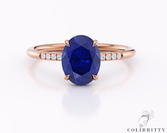 1.7 Ct Oval Sapphire Ring with Diamonds Engagement Ring Blue Promise Ring for Women Rose Gold 14K / 18K September Birthstone Ring