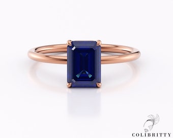 Large Emerald Cut Sapphire Ring Rose Gold 18k Lab Created Blue Sapphire Ring 1.4 Ct Birthstone Ring Promise Wedding Anniversary Gift for Her
