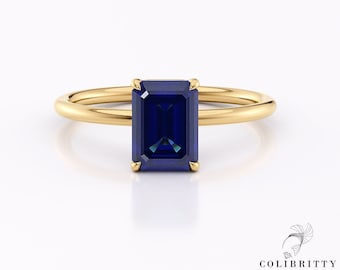 14k Gold Emerald Cut Sapphire Solitaire Ring Lab Created Sapphire Ring 1.4 Ct Unique Handmade September Birthstone Ring Jewelry Gift for Her