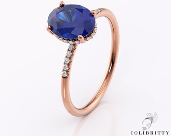 Oval Blue Sapphire Engagement Ring – 14K Rose Gold – Lab Sapphire Ring – Dainty Sapphire Wedding Jewelry – Elegant Fine Gemstone Ring