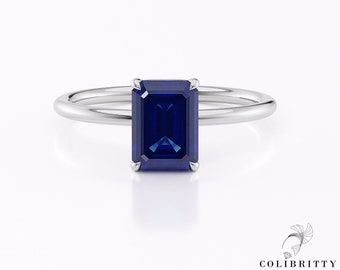 White Gold Blue Sapphire Engagement Ring Emerald Cut Lab Created Sapphire Ring 1.4 Ct 8x6 mm 14k/18k September Birthstone Ring Gift for Her