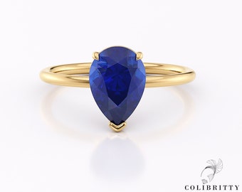 Peer saffier ring 14k Blauwe verlovingsring Solitaire trouwring Geel goud belofte ring voor haar Edelsteen geboortesteen ring Cadeau voor haar