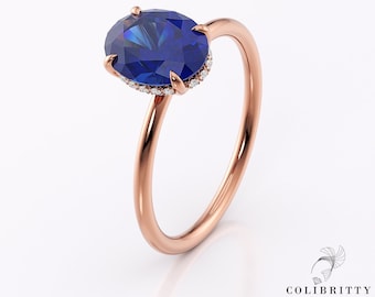 Ovale halo saffier ring Solitaire verlovingsring 14k / 18k Rose gouden belofte ring Blauwe trouwring Birthstone Anniversary ring voor haar