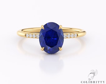 14k Oval blue sapphire engagement ring Hidden Halo Diamond Pave Promise Ring for Her Yellow Gold 18K Blue Wedding Ring Anniversary Ring