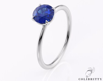 Brilliant cut sapphire engagement ring 14k / 18k White Gold ring Blue sapphire ring Lab sapphire ring Simple Anniversary Promise Bridal ring