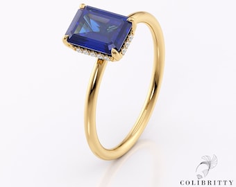 Emerald Cut Sapphire Ring Yellow Gold 14k / 18k Large Blue Lab Grown Sapphire Ring Gemstone Promise Ring For Her Wedding Anniversary Gift