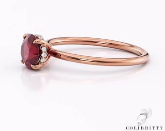 Anello di fidanzamento in oro rosa con rubino rosso Anello con pietra rossa taglio rotondo 6,5 mm Piccolo anello con pietra preziosa rotonda Anello con pietra portafortuna in rubino Anello nuziale in rubino da donna