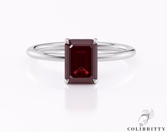 Emerald Cut Ruby Engagement Ring 14k Solid White Gold Lab Grown Ruby Gem Stone 1.4 Ct Birthstone Ring Solitaire Promise Anniversary Ring