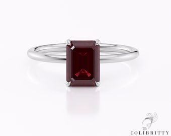 Anillo de compromiso con rubí de talla esmeralda en oro blanco macizo de 14 k, gema de rubí cultivada en laboratorio, piedra natal de 1,4 ct, anillo de aniversario de promesa solitario