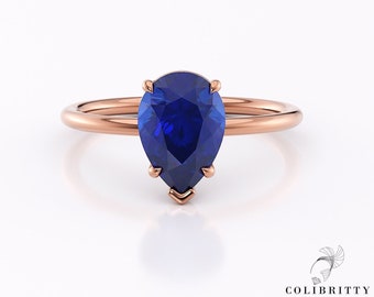 Rose gold pear shape solitaire sapphire ring 14k Pear cut sapphire engagement ring Blue sapphire wedding ring Big lab created sapphire ring