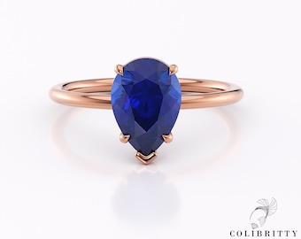 Rose gold pear shape solitaire sapphire ring 14k Pear cut sapphire engagement ring Blue sapphire wedding ring Big lab created sapphire ring